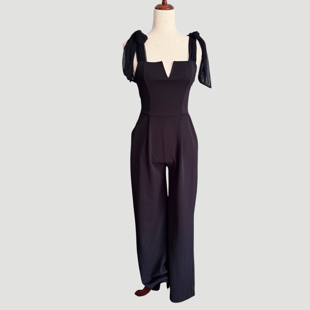 Minimalist Romantic goth Moa Moa Black Wide Leg Jumpsuit Mesh Tie Shoulder Small